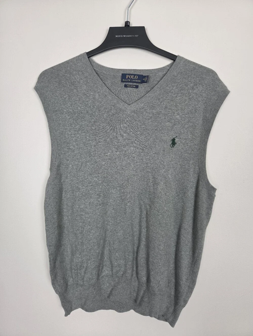 Polo Ralph Lauren Mens Large Grey Pima Cotton V-Neck Sweater Vest Embroidered